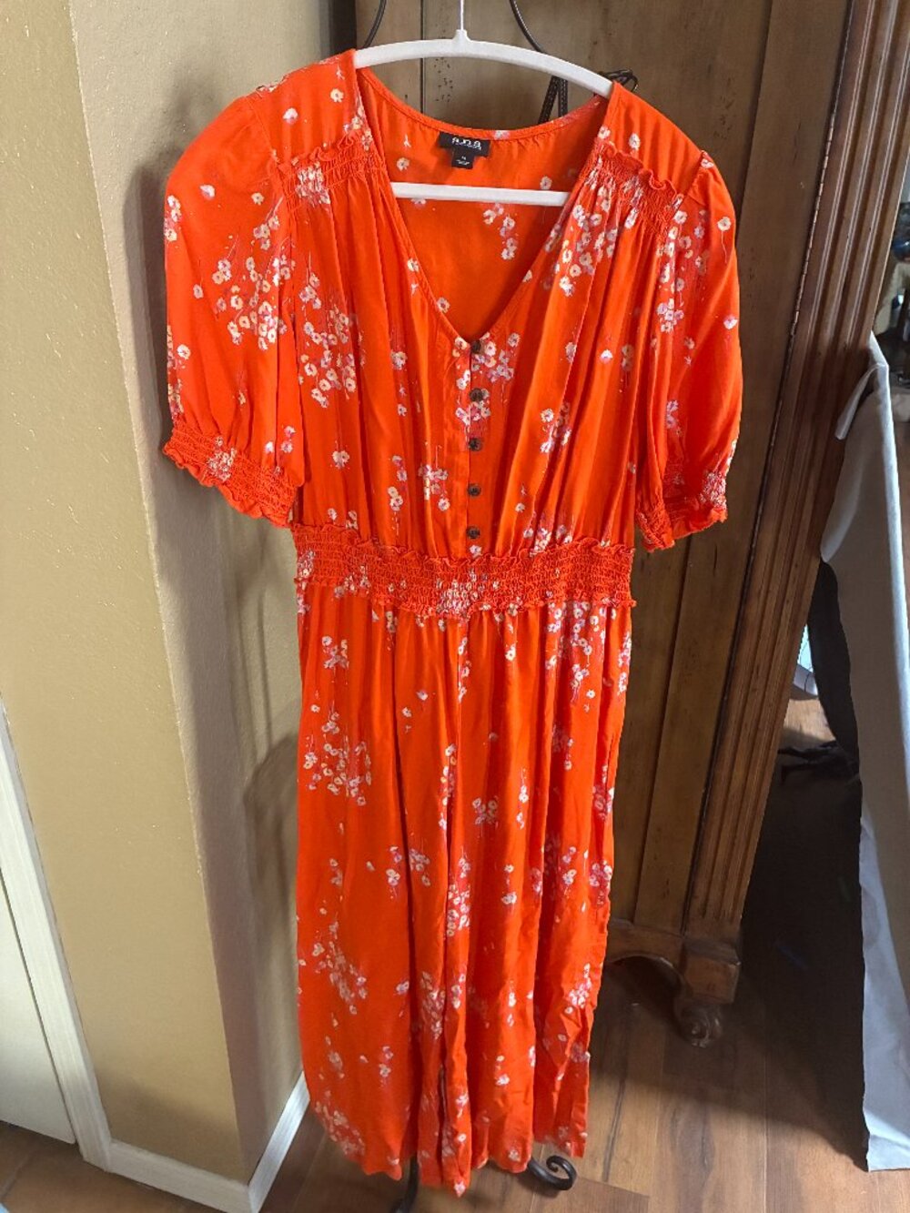 Floral Jumpsuit Wide-Leg Shirred Waist Cottage Core Feminine Puff Sleeves Size M